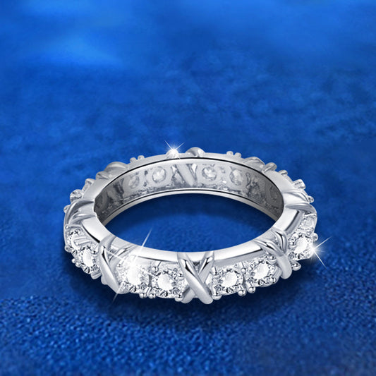 925 Silver Geometric Eternity Band with 0.06ct Moissanite Pavé Rhodium Plated Women's Ring Size 6-9