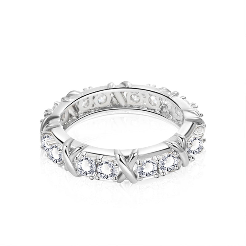925 Silver Geometric Eternity Band with 0.06ct Moissanite Pavé Rhodium Plated Women's Ring Size 6-9