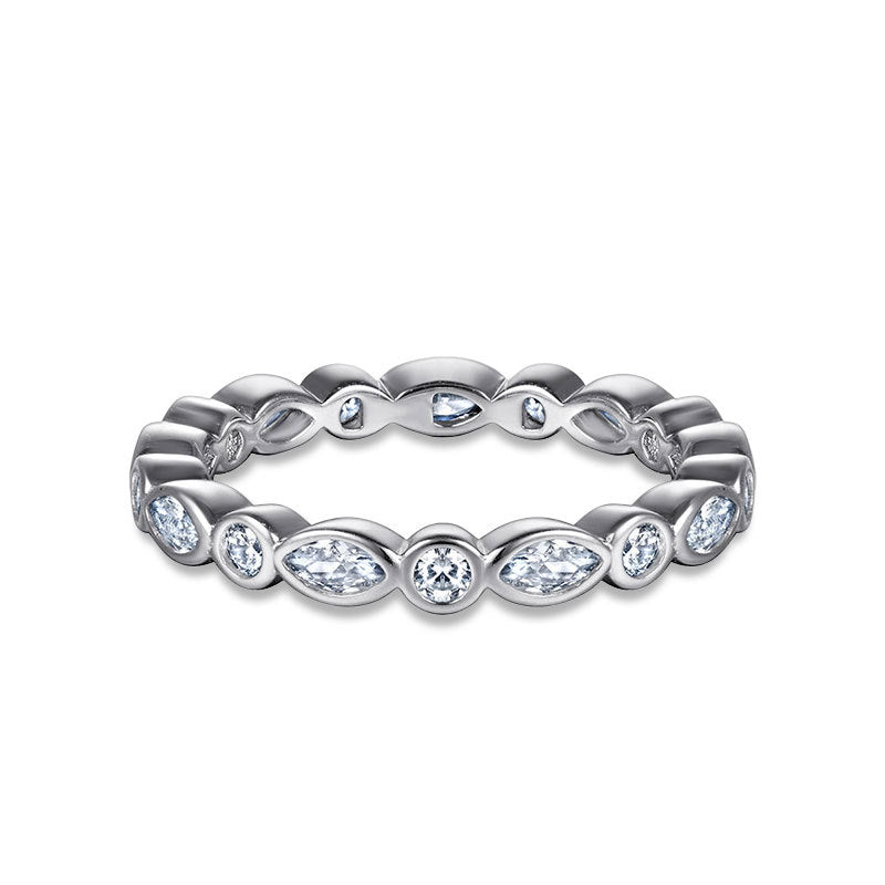 925 Silver Geometric Eternity Band with Zircon Stones Rhodium Plated Women's Professional Jewelry Size 5-10