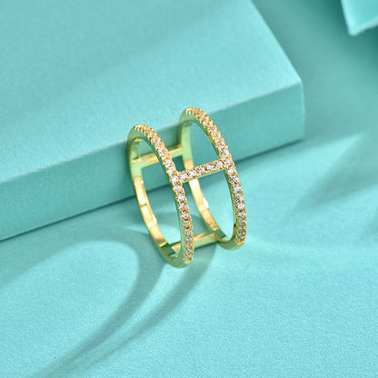 925 Silver Geometric Micro-Paved Ring with White Gold and Yellow Zircon Minimalist Jewelry for Women Size 6-7