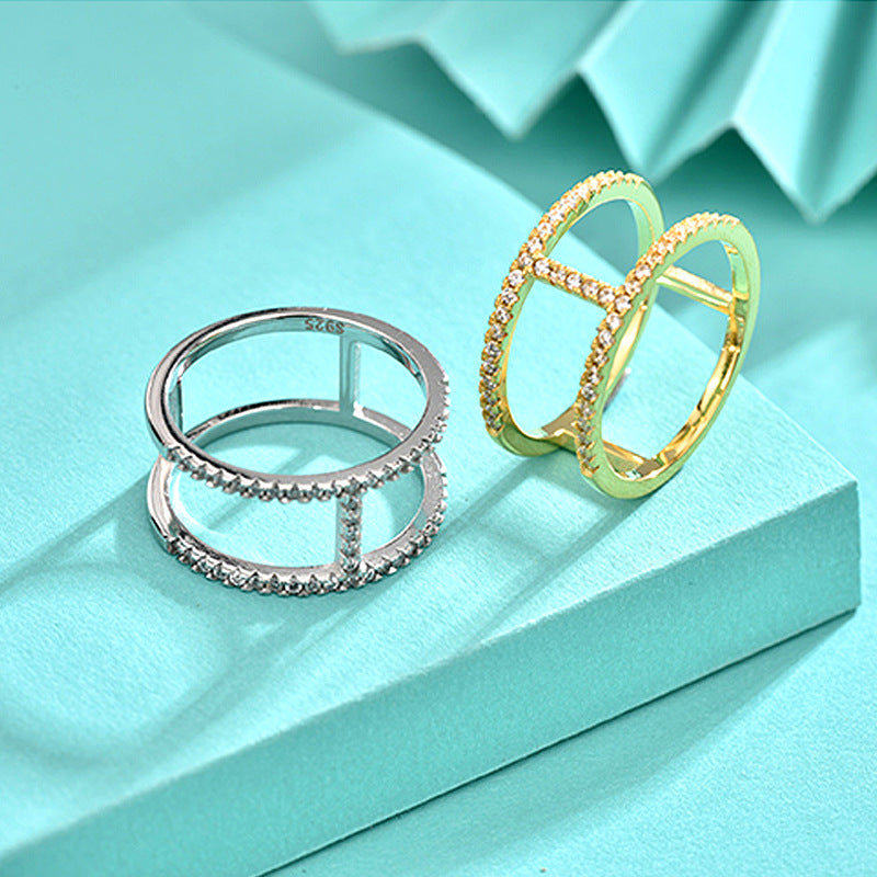 925 Silver Geometric Micro-Paved Ring with White Gold and Yellow Zircon Minimalist Jewelry for Women Size 6-7