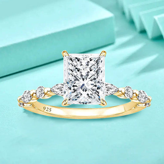 925 Silver Geometric Square Cut Zircon Ring White/Yellow Gold Plated Minimalist Women's Jewelry Size 6-7