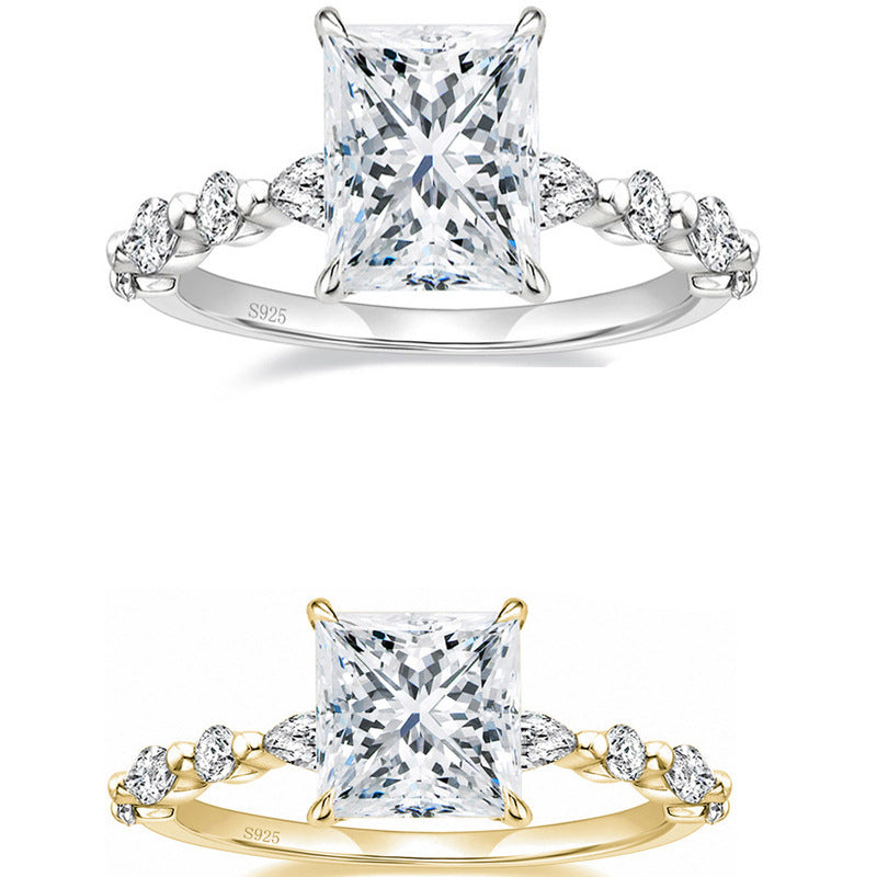 925 Silver Geometric Square Cut Zircon Ring White/Yellow Gold Plated Minimalist Women's Jewelry Size 6-7