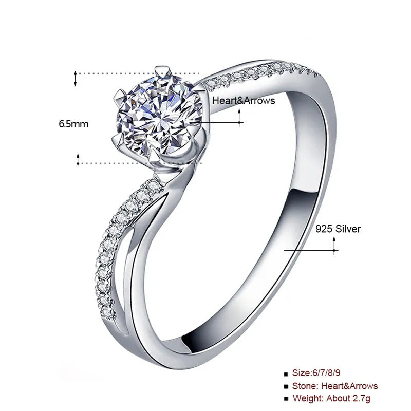 925 Silver Geometric Zircon Ring Rhodium Plated Korean Style Sweet Women's Jewelry Size 5-10