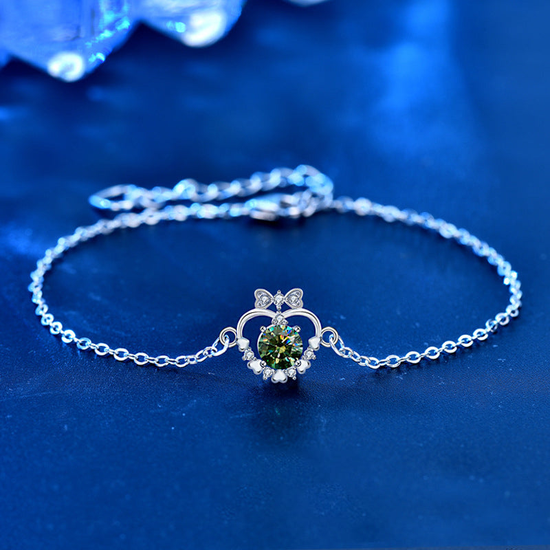 925 Silver Heart Bow Bracelet with 0.5ct Green or White Moissanite Sweet Employee Gift Jewelry