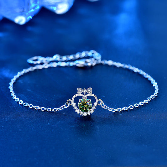 925 Silver Heart Bow Bracelet with 0.5ct Green or White Moissanite Sweet Employee Gift Jewelry