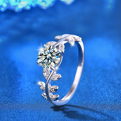 925 Silver Leaf Shaped Ring with 1ct Moissanite Rhodium Plated Women's Luxury Jewelry Size 5-8