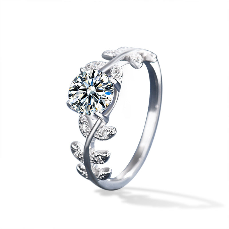 925 Silver Leaf Shaped Ring with 1ct Moissanite Rhodium Plated Women's Luxury Jewelry Size 5-8
