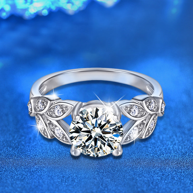 925 Silver Leaf Statement Ring with 2ct Moissanite Rhodium Plated Bold Women's Jewelry Size 5-8