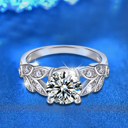 925 Silver Leaf Statement Ring with 2ct Moissanite Rhodium Plated Bold Women's Jewelry Size 5-8