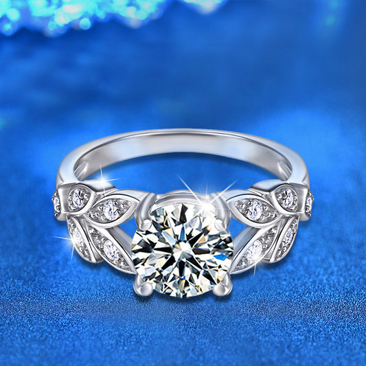925 Silver Leaf Statement Ring with 2ct Moissanite Rhodium Plated Bold Women's Jewelry Size 5-8