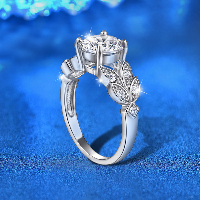 925 Silver Leaf Statement Ring with 2ct Moissanite Rhodium Plated Bold Women's Jewelry Size 5-8