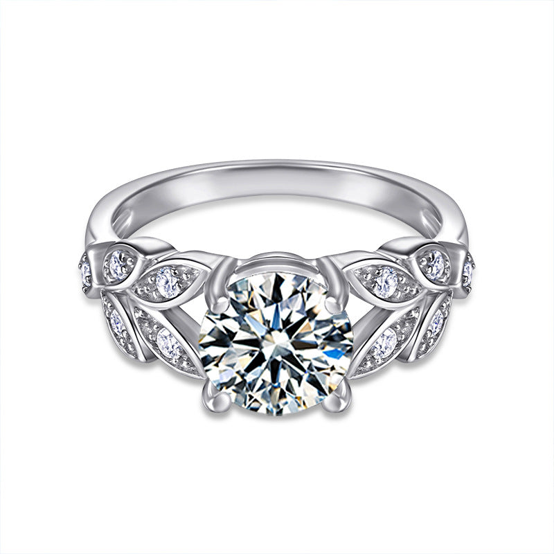 925 Silver Leaf Statement Ring with 2ct Moissanite Rhodium Plated Bold Women's Jewelry Size 5-8