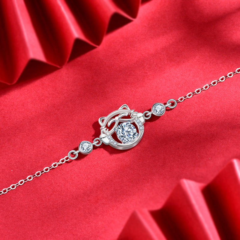 925 Silver Lucky Cat Bracelet with 0.5ct Moissanite Travel Jewelry Rhodium Plated