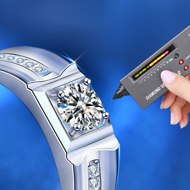 925 Silver Men's Adjustable Geometric Ring with 0.5ct or 1ct Moissanite Polished Casual Jewelry White Gold Plated