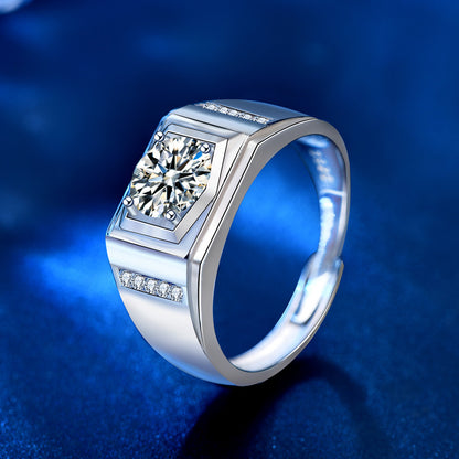 925 Silver Men's Adjustable Geometric Ring with 1ct Moissanite Premium Rhodium Plated Jewelry
