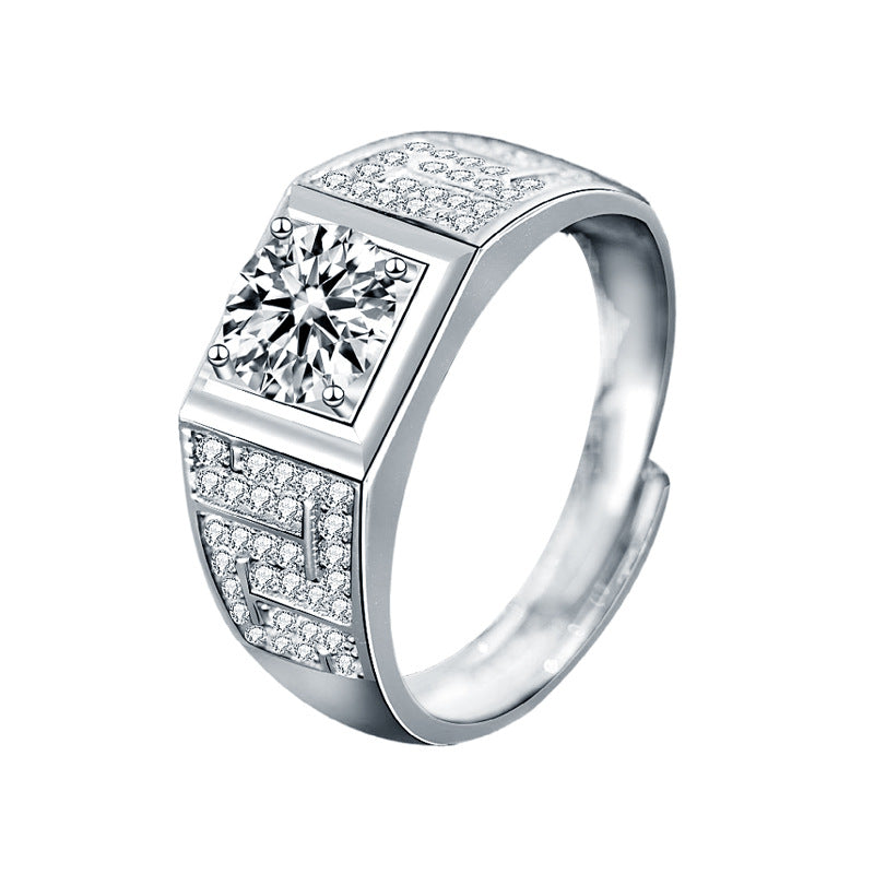 925 Silver Men's Adjustable Geometric Ring with 1ct Moissanite Quadrilateral Design European Style
