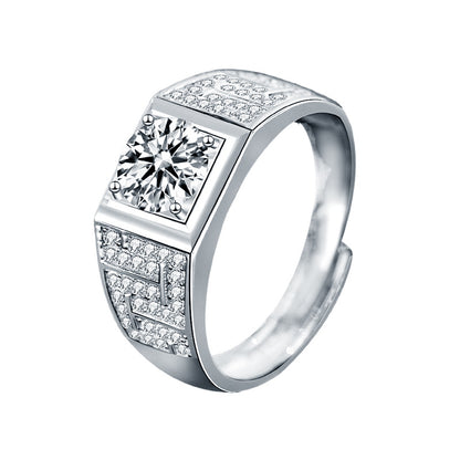 925 Silver Men's Adjustable Geometric Ring with 1ct Moissanite Quadrilateral Design European Style