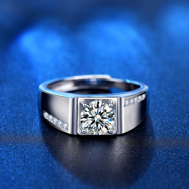 925 Silver Men's Adjustable Geometric Ring with 1ct Moissanite Quadrilateral Design Premium White Gold Plated