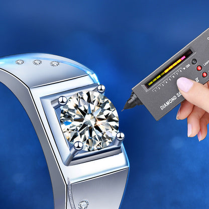 925 Silver Men's Geometric Adjustable Ring with 1ct Moissanite and Hearts Arrows Zircon Boyfriend Style White Gold Plated