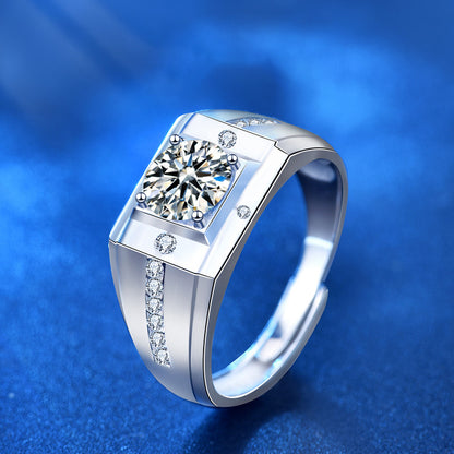 925 Silver Men's Geometric Ring with 1ct or 2ct Moissanite Adjustable White Gold Plated Statement Jewelry