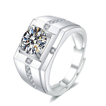 925 Silver Men's Geometric Ring with 1ct or 2ct Moissanite Adjustable White Gold Plated Statement Jewelry