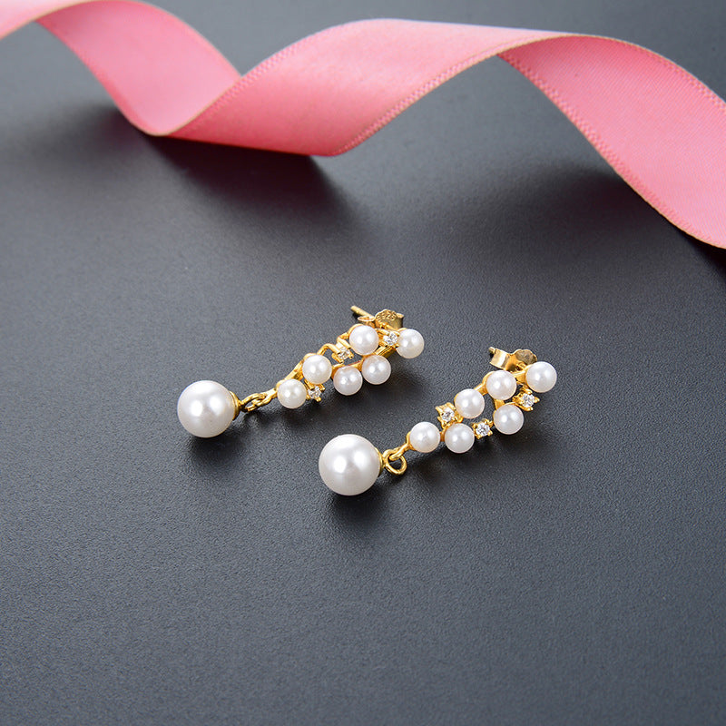 925 Silver Pearl Drop Earrings - Korean-Chinese Fusion Geometric Dangle Earrings with Plastic Stoppers