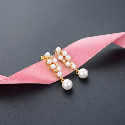 925 Silver Pearl Drop Earrings - Korean-Chinese Fusion Geometric Dangle Earrings with Plastic Stoppers