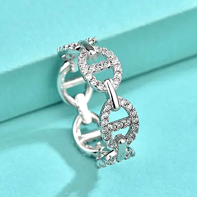 925 Silver Pig Nose Ring with White Gold and Yellow Gold Zircon Micro-Paved Animal Jewelry for Women Size 7-8