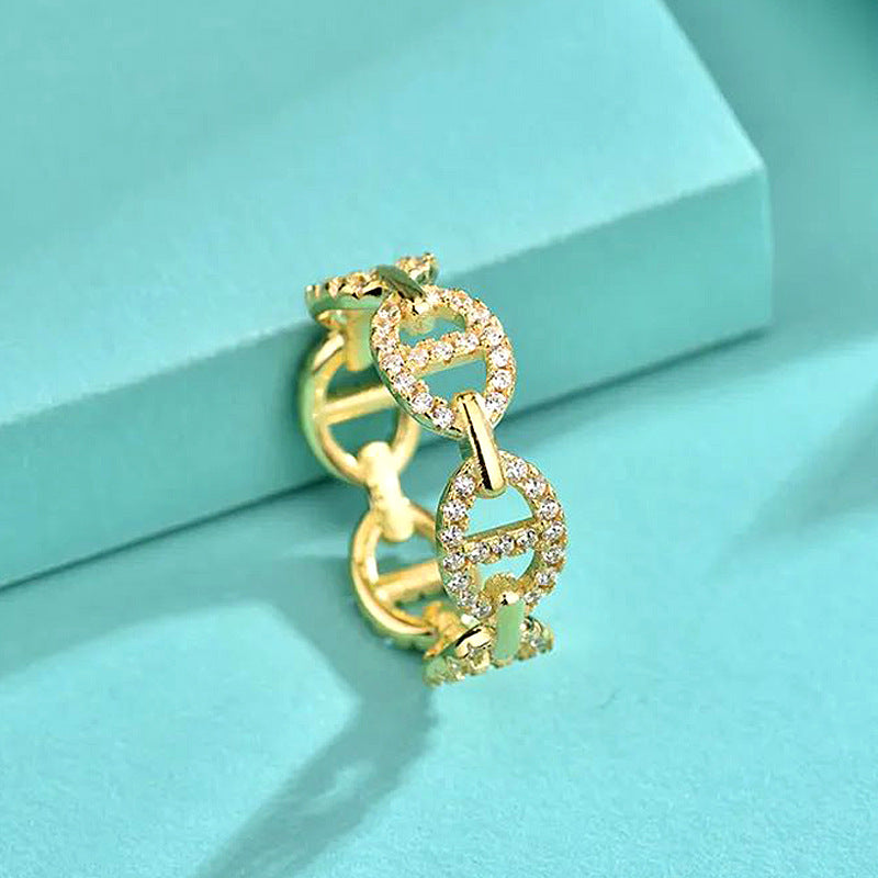 925 Silver Pig Nose Ring with White Gold and Yellow Gold Zircon Micro-Paved Animal Jewelry for Women Size 7-8