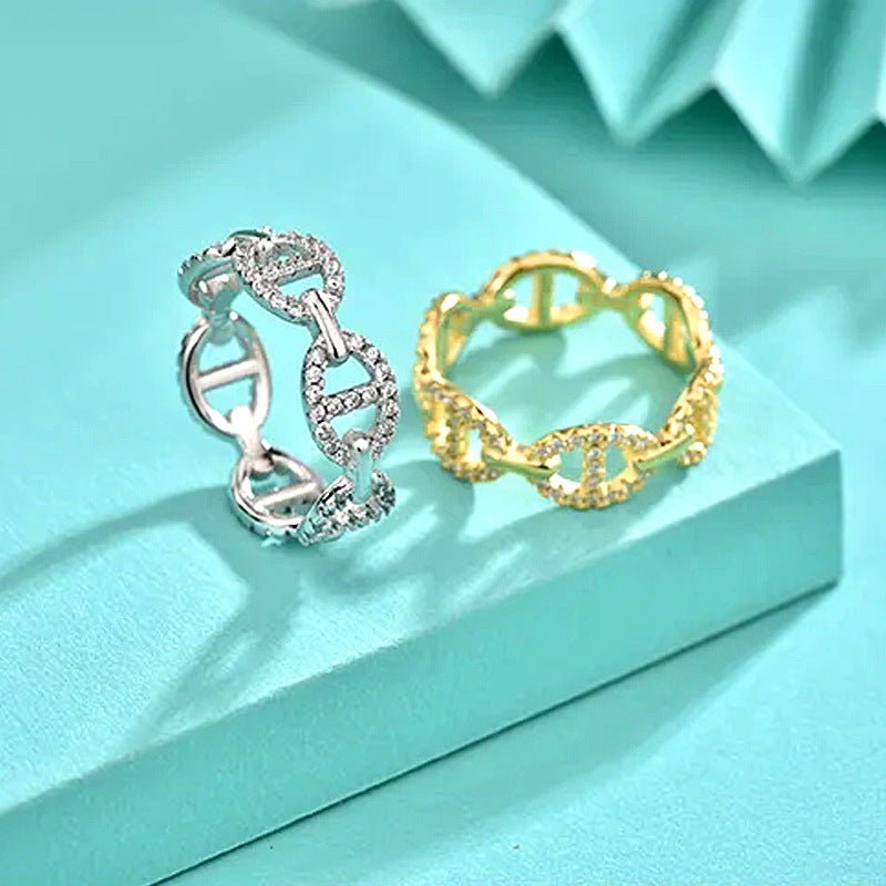 925 Silver Pig Nose Ring with White Gold and Yellow Gold Zircon Micro-Paved Animal Jewelry for Women Size 7-8