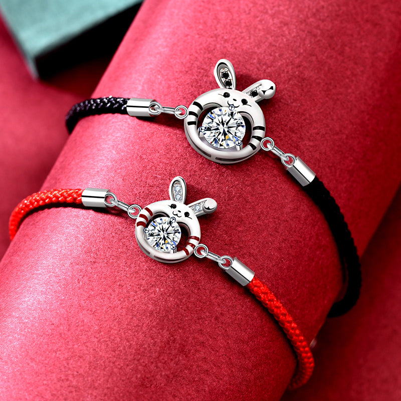925 Silver Rabbit Couple Bracelet Set with 1ct and 0.5ct Moissanite Minimalist Employee Gift Jewelry