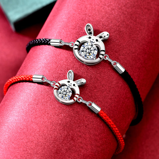 925 Silver Rabbit Couple Bracelet Set with 1ct and 0.5ct Moissanite Minimalist Employee Gift Jewelry