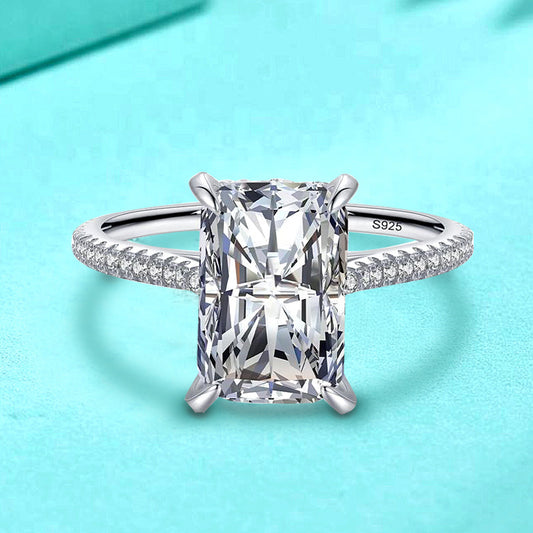 925 Silver Rectangular Zircon Geometric Ring with Row of Square Stones White Gold Plated Bold Jewelry for Women Size 8-9