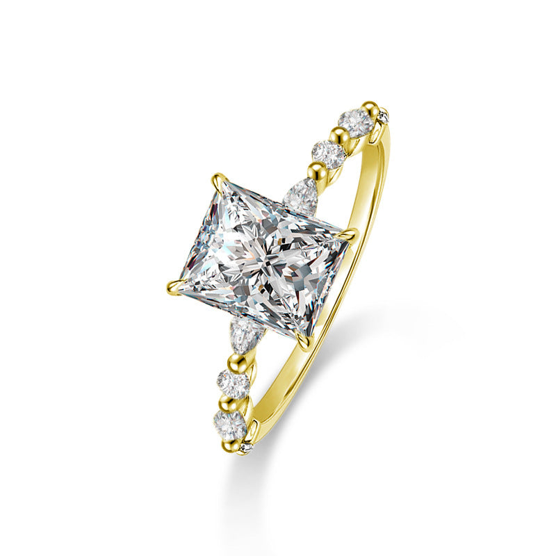 925 Silver Square Geometric Ring with 3ct Moissanite White/Yellow Gold Plated Women's Versatile Jewelry Size 6-9