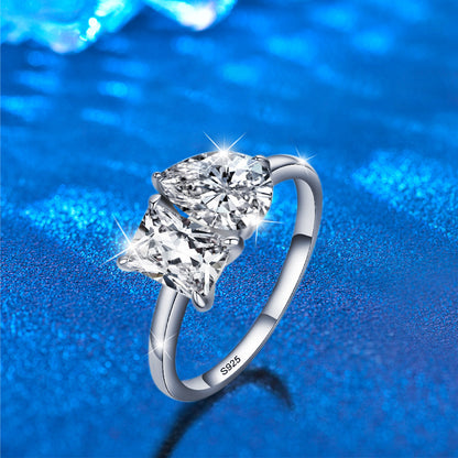 925 Silver Teardrop Double Moissanite Ring with Square Accents Rhodium Plated Women's Jewelry Size 5-9