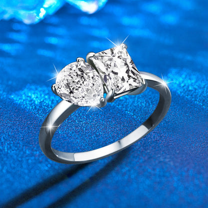 925 Silver Teardrop Double Moissanite Ring with Square Accents Rhodium Plated Women's Jewelry Size 5-9