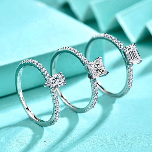 925 Silver Teardrop Ring with Square Rectangle and Pear Zircon Stones Elegant Jewelry for Women US Size 6-7