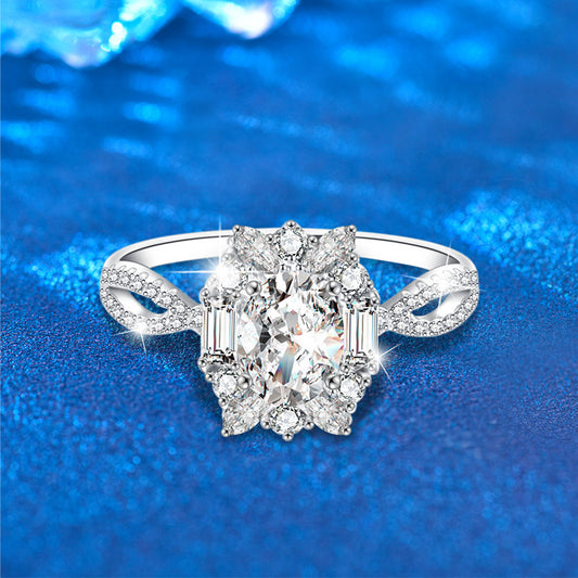 925 Silver U-Shaped Petal Design Ring with 5x7mm Oval Moissanite Rhodium Plated Women's Jewelry Size 6-9