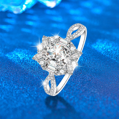 925 Silver U-Shaped Petal Design Ring with 5x7mm Oval Moissanite Rhodium Plated Women's Jewelry Size 6-9