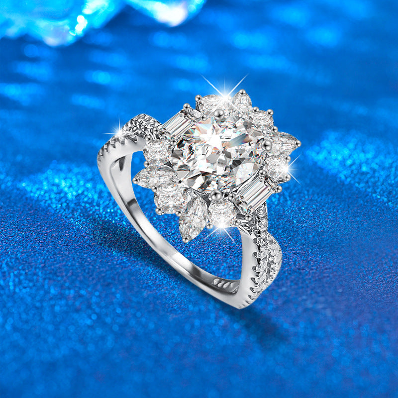 925 Silver U-Shaped Petal Design Ring with 5x7mm Oval Moissanite Rhodium Plated Women's Jewelry Size 6-9