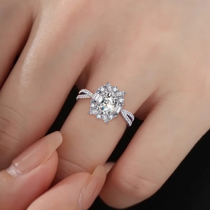 925 Silver U-Shaped Petal Design Ring with 5x7mm Oval Moissanite Rhodium Plated Women's Jewelry Size 6-9