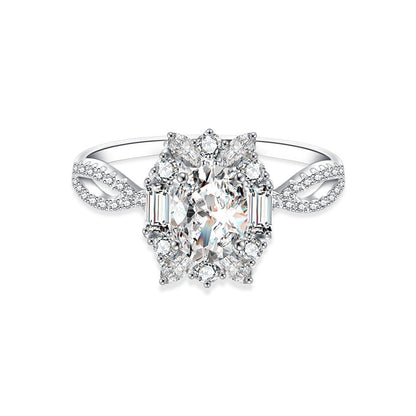 925 Silver U-Shaped Petal Design Ring with 5x7mm Oval Moissanite Rhodium Plated Women's Jewelry Size 6-9