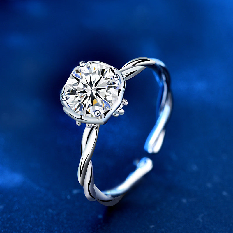 925 Silver Wave Design Adjustable Ring with 1ct Moissanite Heart Detail Rhodium Plated Edgy Feminine Jewelry