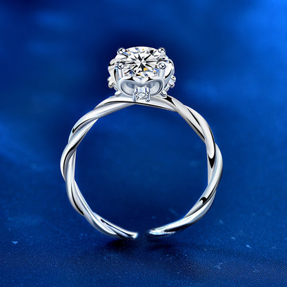 925 Silver Wave Design Adjustable Ring with 1ct Moissanite Heart Detail Rhodium Plated Edgy Feminine Jewelry