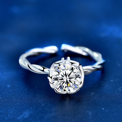 925 Silver Wave Design Adjustable Ring with 1ct Moissanite Heart Detail Rhodium Plated Edgy Feminine Jewelry