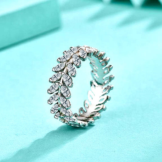 925 Silver Wheat Leaf Design Zircon Ring Elegant Women's Jewelry Size 6-9