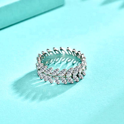 925 Silver Wheat Leaf Design Zircon Ring Elegant Women's Jewelry Size 6-9