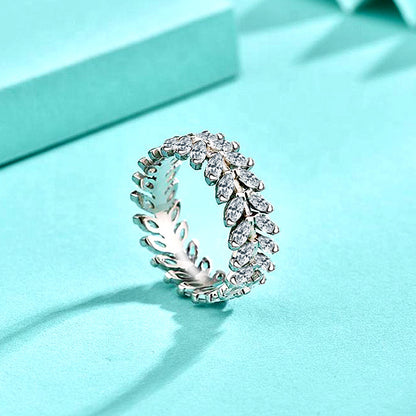925 Silver Wheat Leaf Design Zircon Ring Elegant Women's Jewelry Size 6-9