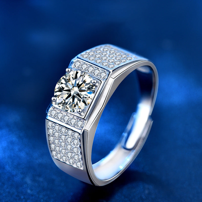 925 Sterling Silver Men's Rhodium-Plated Adjustable Ring with 1ct Moissanite Pavé, Modern OL Style